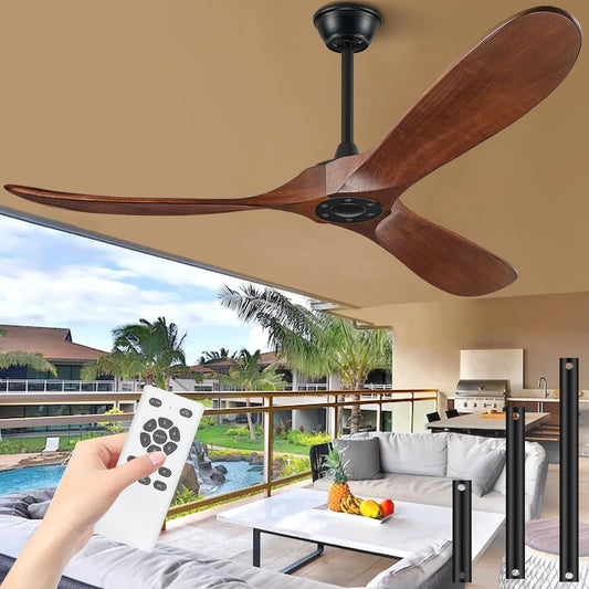 60" Ceiling Fans without Lights, Solid Wood Ceiling Fan with Remote Control and Quiet DC Motor