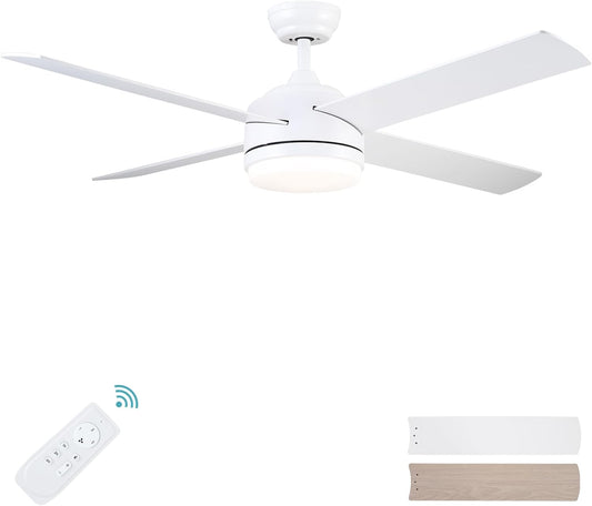 YUHAO 52 Inch White Ceiling Fan with Lights and Remote,Quiet Reversible Motor,Dimmable tri-Color temperatures LED,4 Blades Modern Ceiling Fan for Indoor. (White-52 Inch)