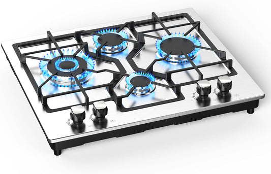 GIHETKUT Gas Cooktop 4 Burners, 23Inch Stainless Steel Gas Stove Top, Built-in Gas Propane Cooktops with Thermocouple Protection, NG/LPG Convertible, Electronic