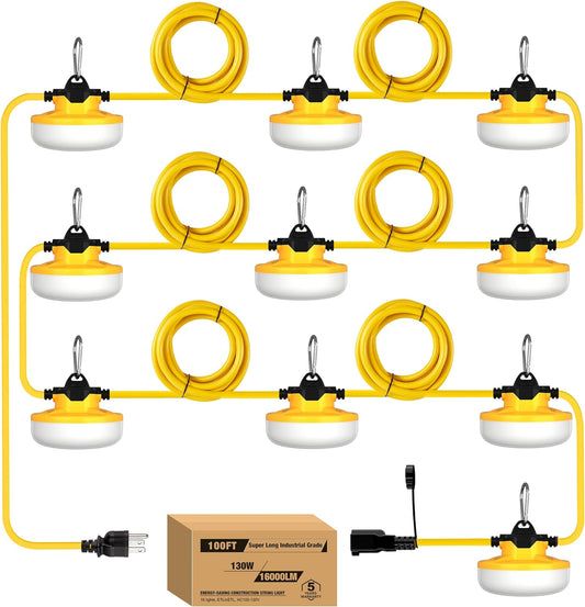 YXL 130W 16000LM 3Prong Construction String Lights 100FT Industrial String Work Lights, IP65 Waterproof 123LM/W Super