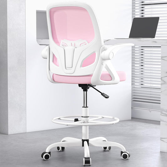 Kensaker Drafting Chair Tall Office Chair for Standing Desk, Adjustable Tall Desk Chair with Footrest Ring and Lumbar Support, Executive Ergonomic Computer Chair with Flip-up Armrests (Pink, K255-S)