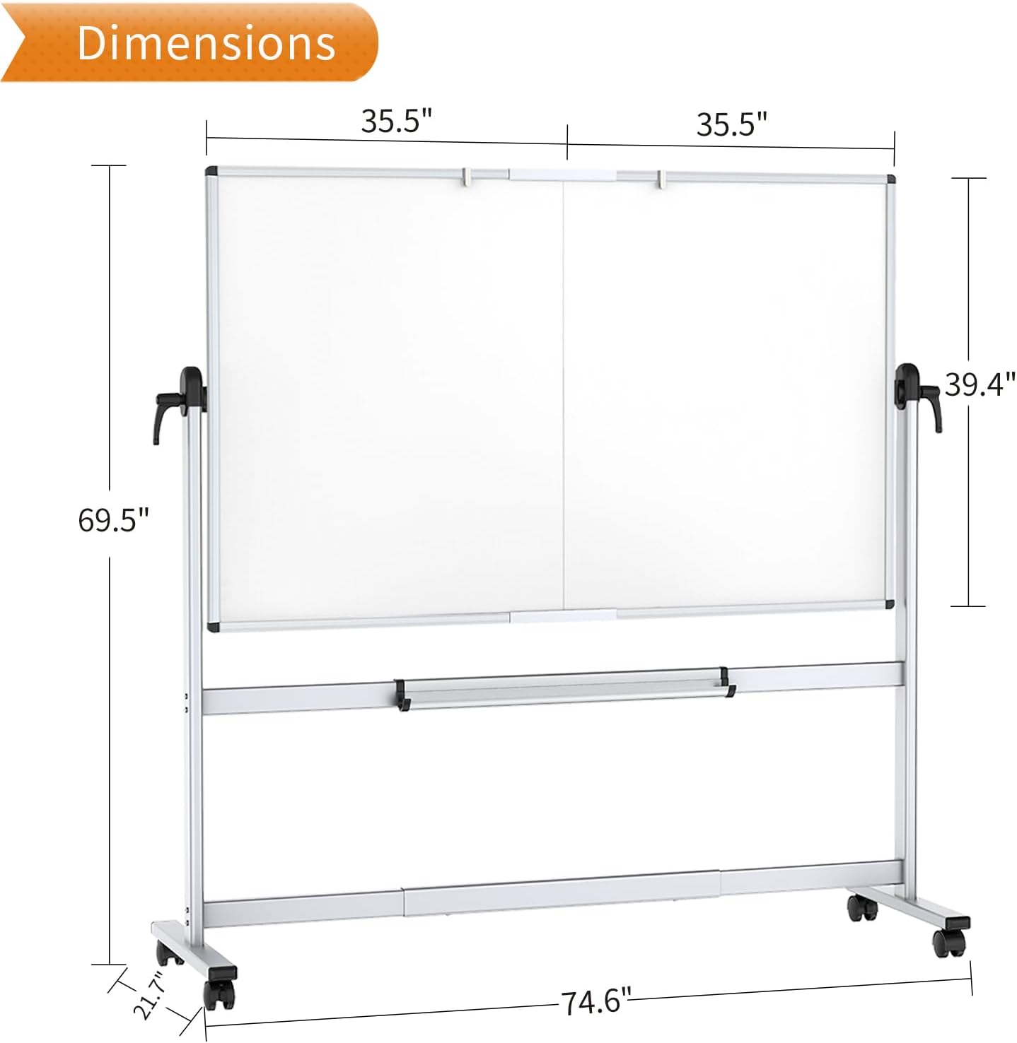 Double-Sided Mobile Dry-Erase Whiteboard, 72 x 40 Inches, Magnetic Rolling with Aluminium Frame and Stand