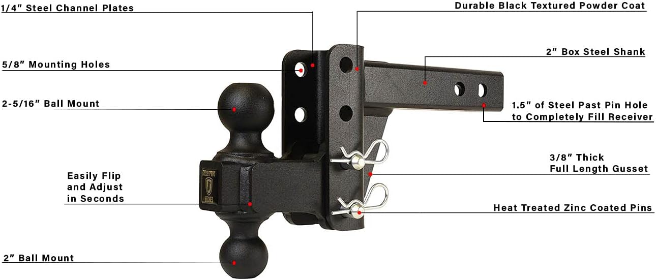 BulletProof Hitches 2.0&#34; Adjustable Medium Duty (14,000lb Rating) 2&#34; Drop/Rise Trailer Hitch with 2&#34; and 2 5/16&#34; Dual Ball (Black