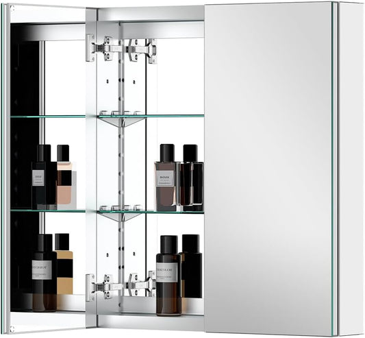 Aluminum Medicine Cabinet with 2 Doors Recessed or Surface Mount Bathroom Mirror Cabinets 24x26 Inch, Silver