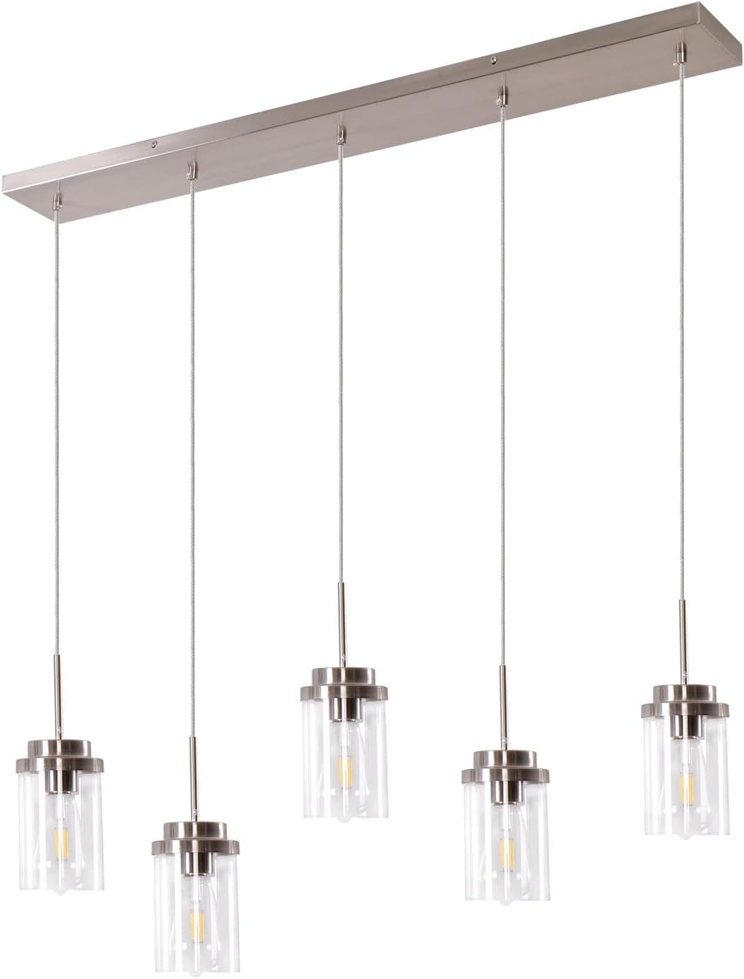 5 Lights Island Lights for Kitchen Modern Industrial Brushed Nickel Linear Chandeliers with Clear Glass Shade for Dining Room Kitchen Lighting Fixtures Ceiling Hanging