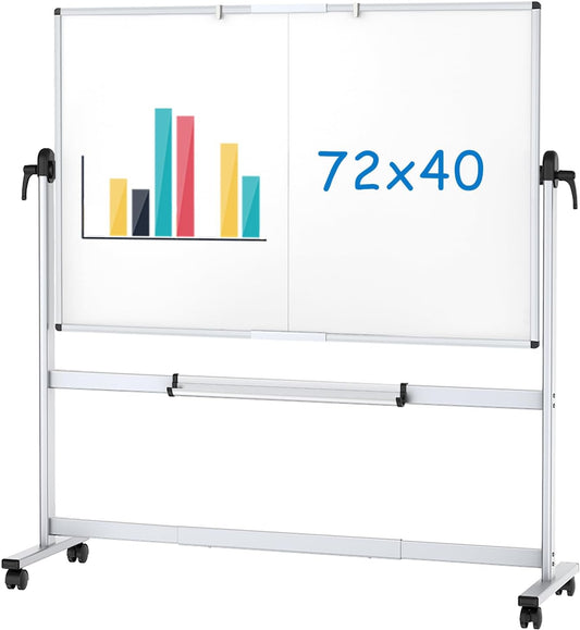 Double-Sided Mobile Dry-Erase Whiteboard, 72 x 40 Inches, Magnetic Rolling with Aluminium Frame and Stand