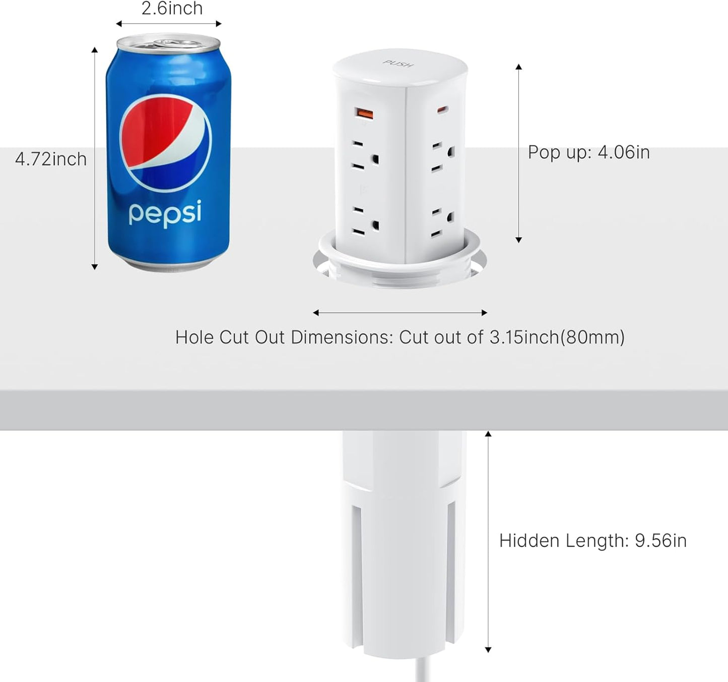 Pop up Outlet for Countertop,3-1/8 inch Hole Desktop Power Grommet, 8 Outlets 4 USB Ports,15Amp Tamper Resistant Receptacle Desk Wire Hole Insert,