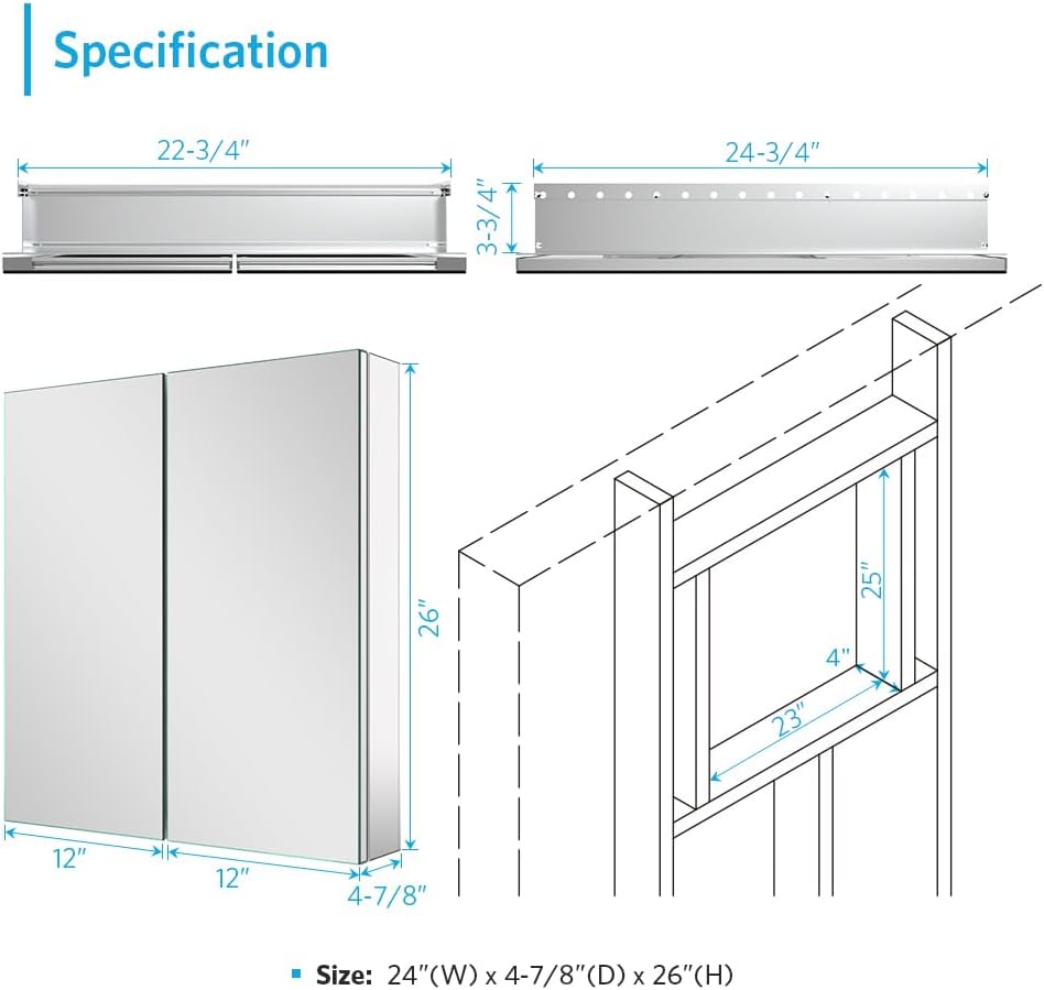 Aluminum Medicine Cabinet with 2 Doors Recessed or Surface Mount Bathroom Mirror Cabinets 24x26 Inch, Silver