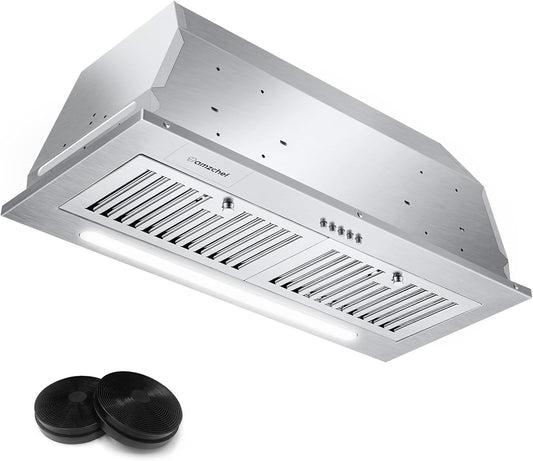 AMZCHEF Range Hood Insert 30 Inch, Stainless Steel Range Hood 900 CFM, Built-in Vent Hood with 3-Speed Exhaust Fan Button Control LED Light Strip Dishwasher-Safe Filters,2*Filter carbon box (5 x 6