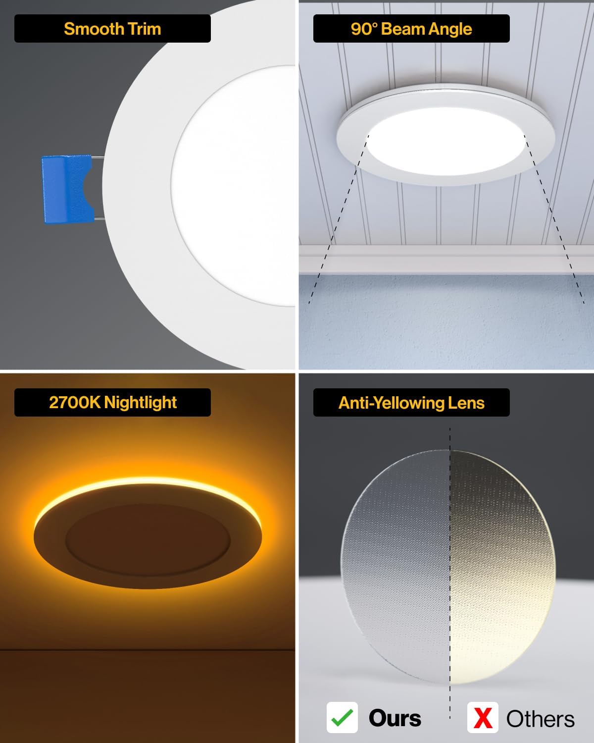 10 Pack, 4 Inch Ultra Thin LED Recessed Ceiling Lights with Night Light, 800 LM, 4000K Cool White, Dimmable, 11W, Wafer Thin, Canless with Junction Box