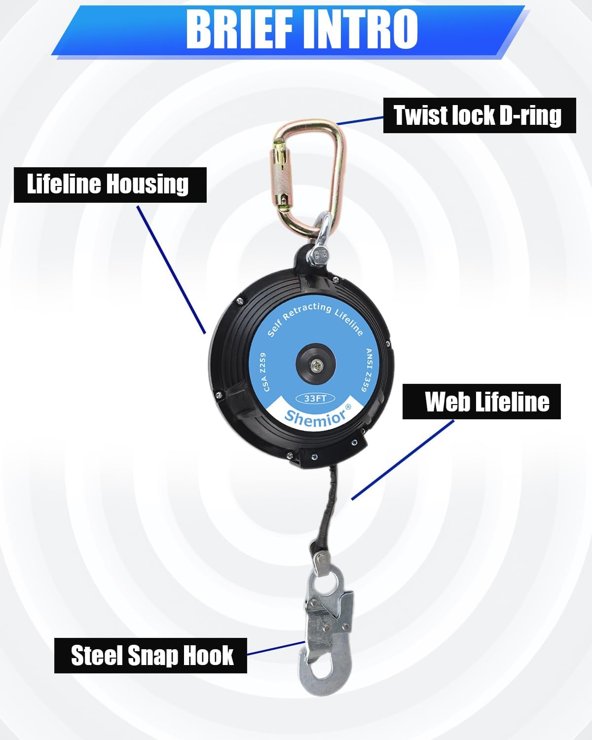 SHEMIOR 33FT Web Self Retracting Lifeline, No Tangle Lightweight Housing SRL, Self Retractable Safety Harness Lanyard, Fall Arrest Protection PPE