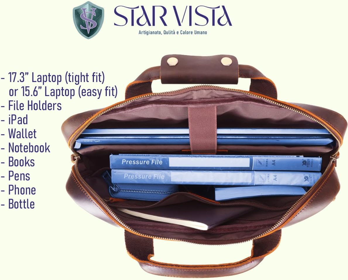 STAR VISTA Tortona 17 inches Laptop Messenger Bag, Full Grain Leather Briefcase for Men, Women, Business Travel, YKK Zippers and Brass Hardware