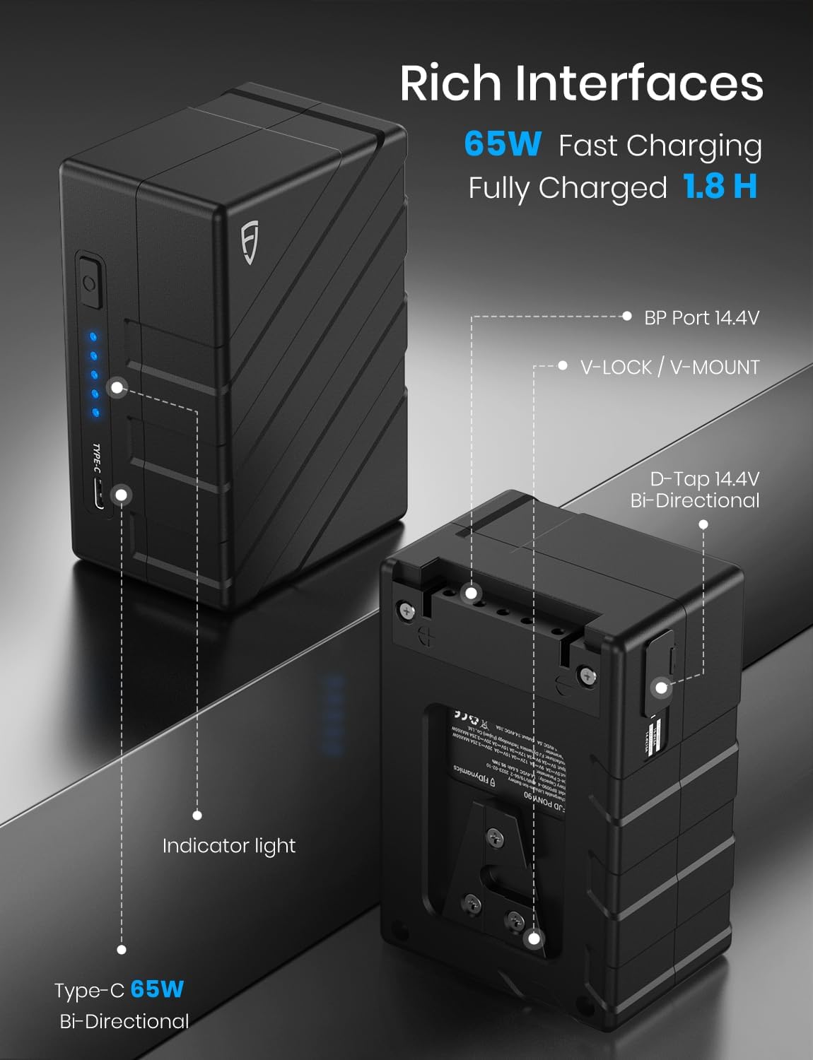 FJD V Mount Battery 95Wh(6700mAh) 14.4V with Type-C D-TAP GaN 65W Type-C PD Fast Charger, Mini V Lock Battery PowerSec 90 for Camcorder, Camera,