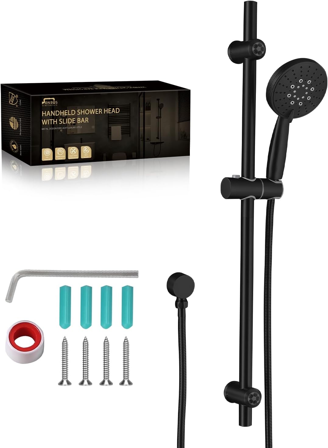 Shower Slide Bar System (metal), 5-Function Handheld Shower Head with Slide bar, 304 Stainless Steel Hose with Brass