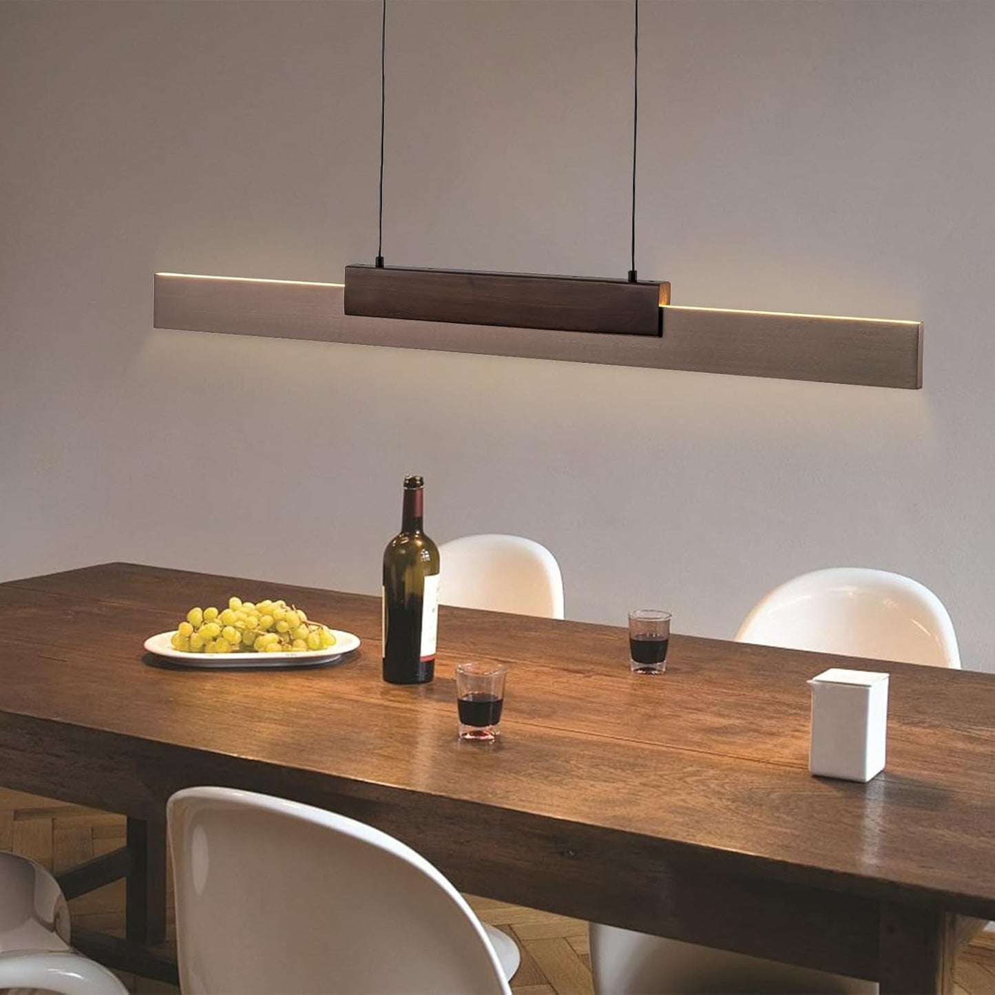 Modern Wooden LED Pendant Light Fixtures 47 Inch Linear Dimmable Pendant Light Height Adjustable Dining Room