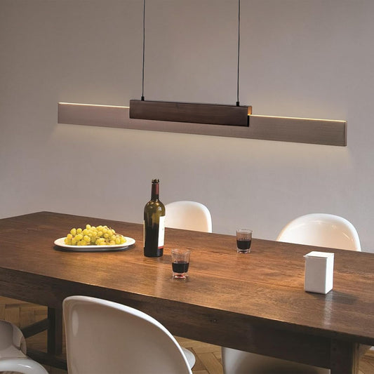 Modern Wooden LED Pendant Light Fixtures 47 Inch Linear Dimmable Pendant Light Height Adjustable Dining Room