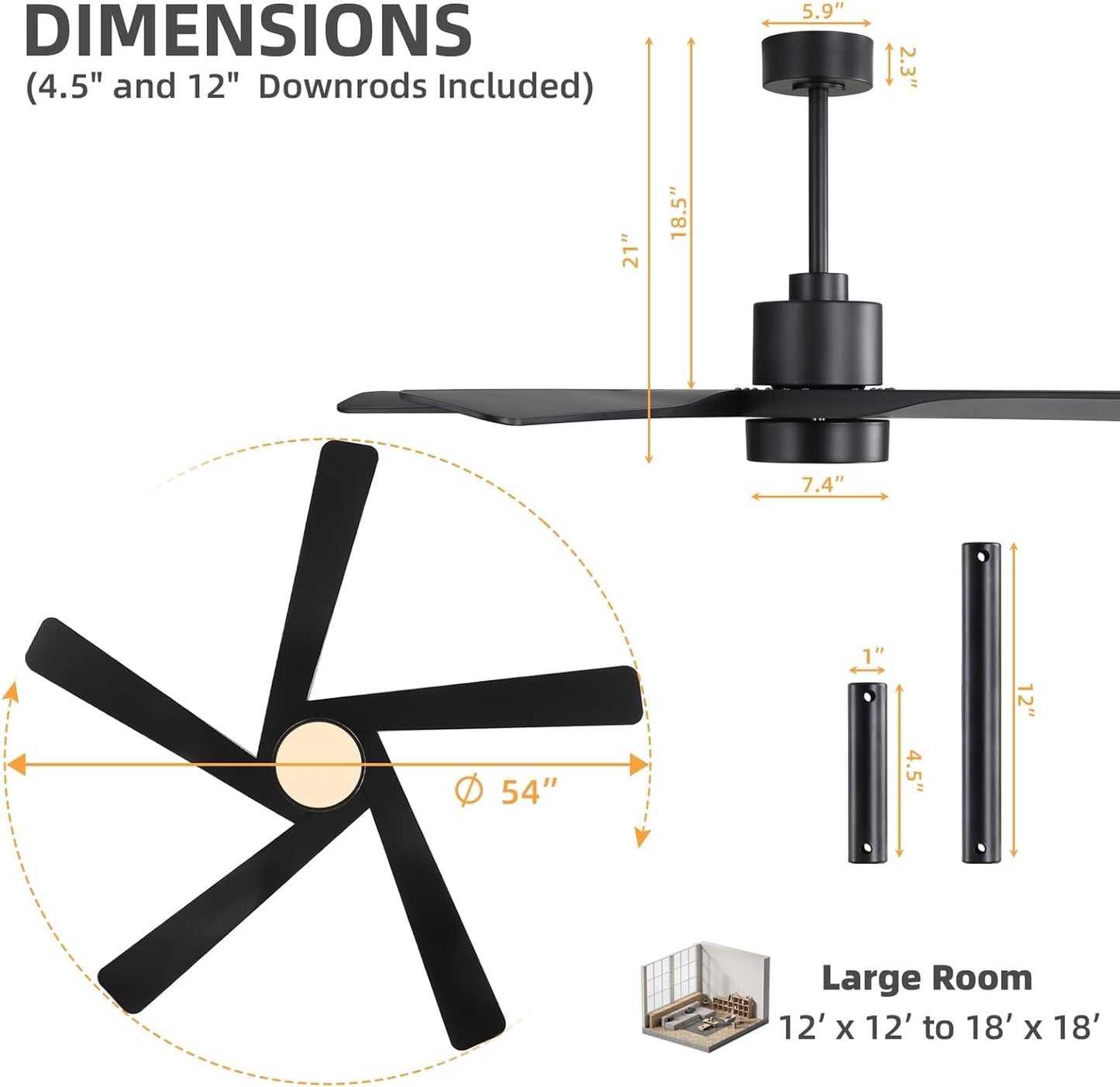 WINGBO 54" ABS DC Ceiling Fan with Lights, 5 Blade ABS Plastic Ceiling Fan with Remote, 6-Speed Reversible DC Motor, LED Ceiling Fan for Kitchen Bedroom Living Room, Matte Black