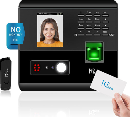 NGTeco Time Clocks for Employees Small Business with Face, Fingerprint, RFID and PIN Punching in One, Office Time Card Machine Automatic Punch with APP for iOS Android (0 Monthly Fee)