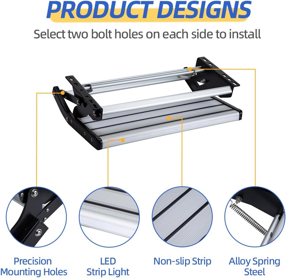 RV Camper Steps: a Compact Step, One-Hand Manual Expand and Collapse with a Switch Control of LED Light