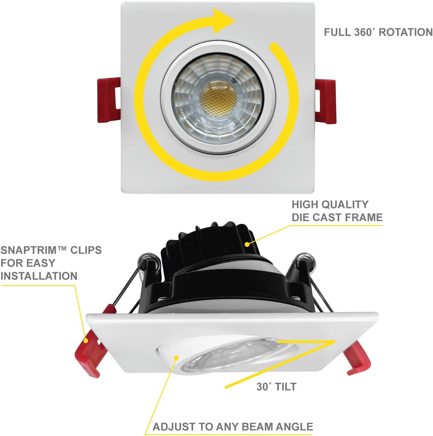 NUWATT | 16 Pack | White 3 Inch Square Adjustable LED Ceiling Light Gimbal Recessed Lighting Dimmable Canless Downlight 5CCT 2700K | 3000K | 3500K |