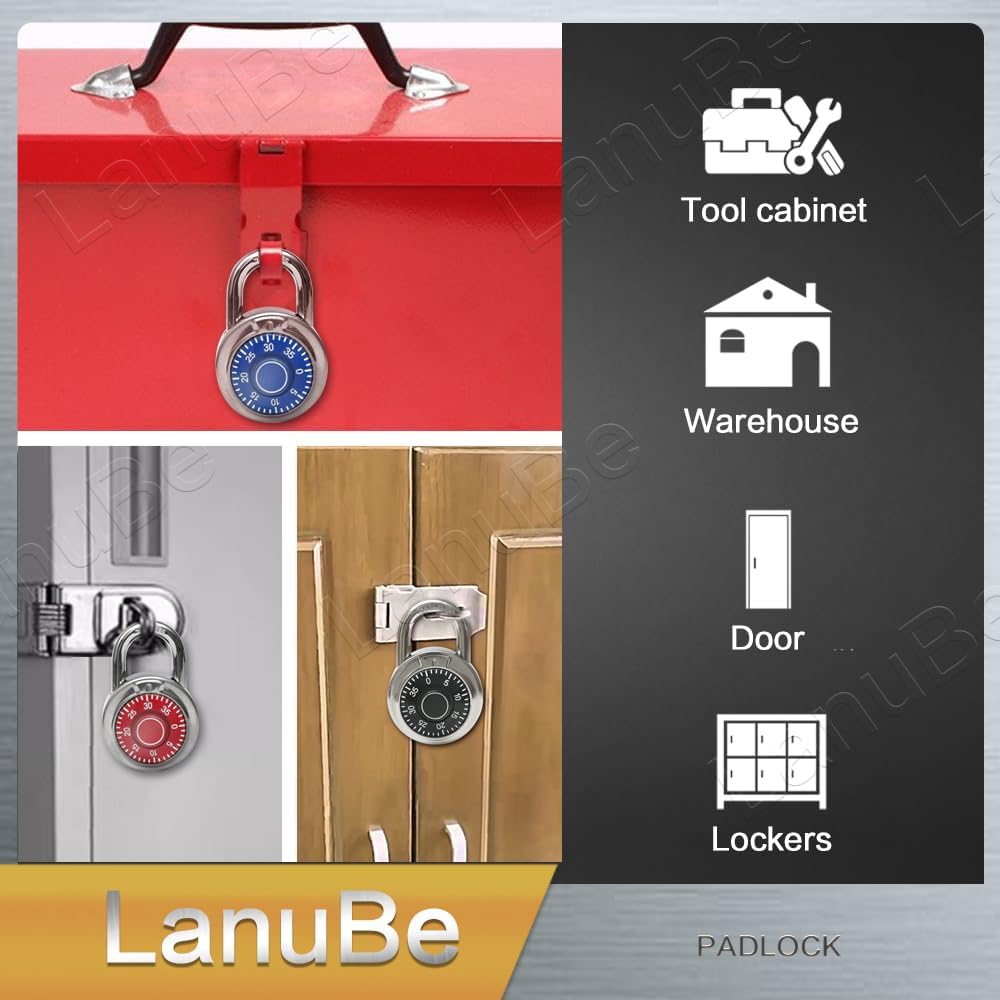 LanuBe Standard Dial Combination Lock, 2 in. Wide, with Different Combinations, Red Turnplate, Pack of 60; Lock for School, Employee, Gym Sports