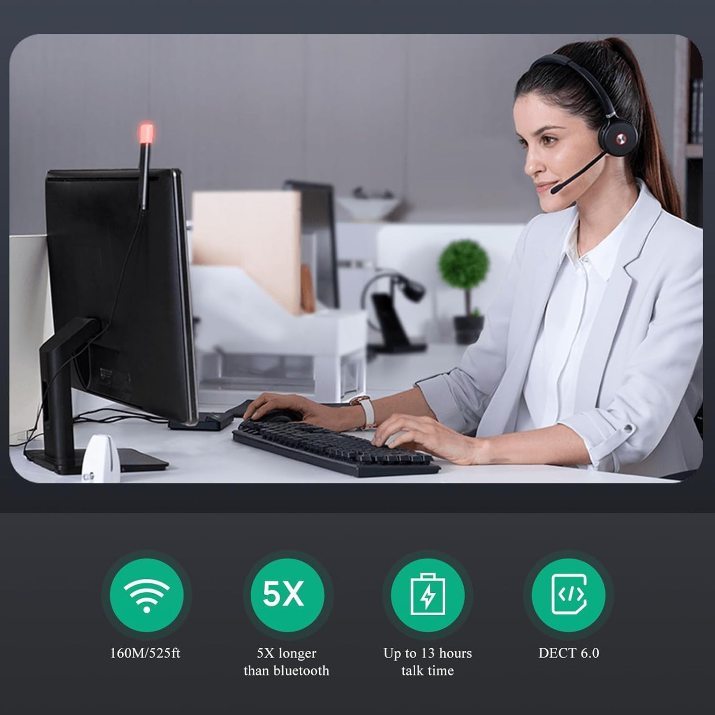 Wireless DECT , Teams Certified, Single Ear Office Headset for Desk Phone and Computers with Noise Cancellation