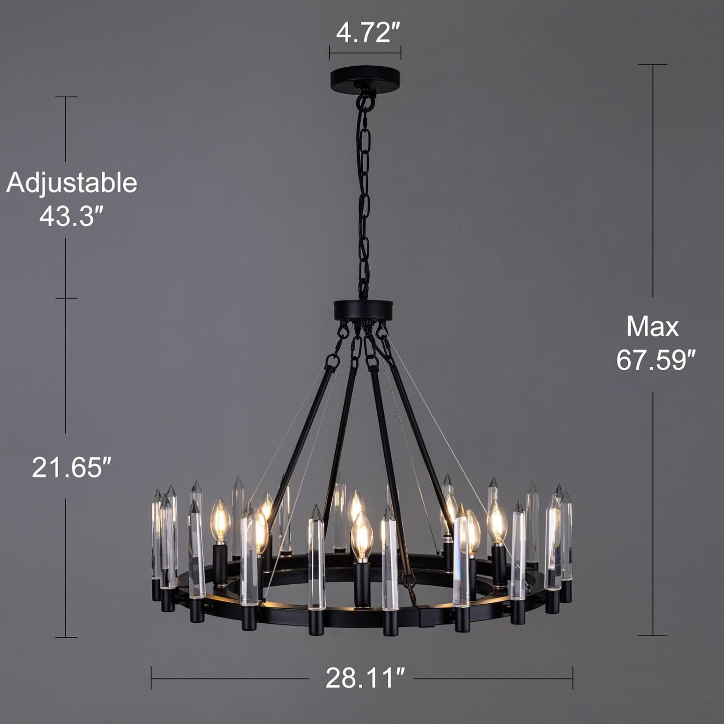 Wellmet Black Farmhouse Chandelier, 8-Light Wagon Wheel Crystal Chandelier, Adjustable Modern Ceiling Light Fixture for Dining Room, Kitchen Island,