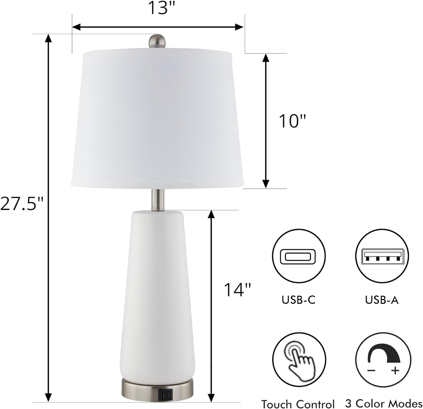 Bedside Lamps Set of 2 - Touch Control 27" Table Lamp for Bedroom 3 Way Dimmable Ceramic Nightstand Lamp with White Fabric Shade for Living Room, Dorm, Home and Office (2 LED Bulb Included)