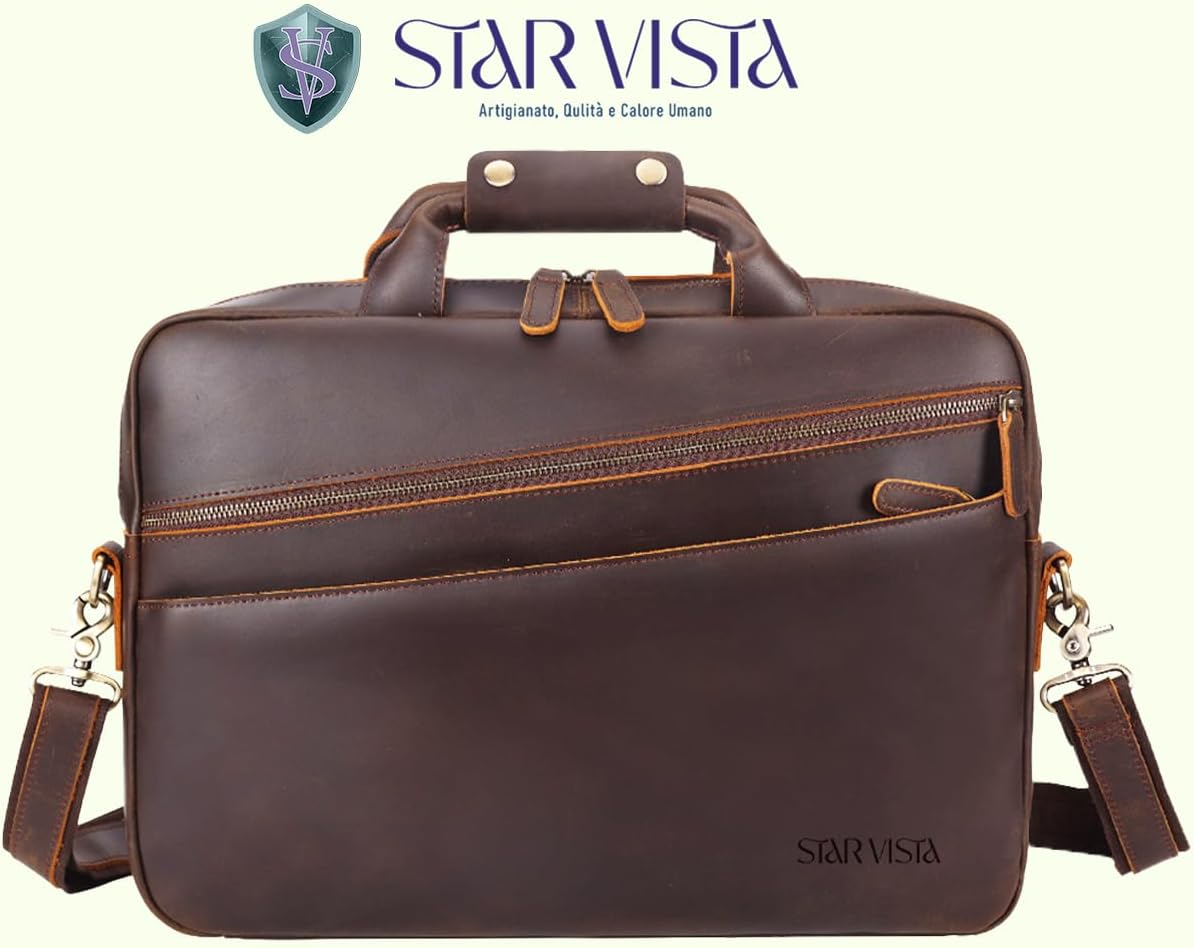 STAR VISTA Tortona 17 inches Laptop Messenger Bag, Full Grain Leather Briefcase for Men, Women, Business Travel, YKK Zippers and Brass Hardware