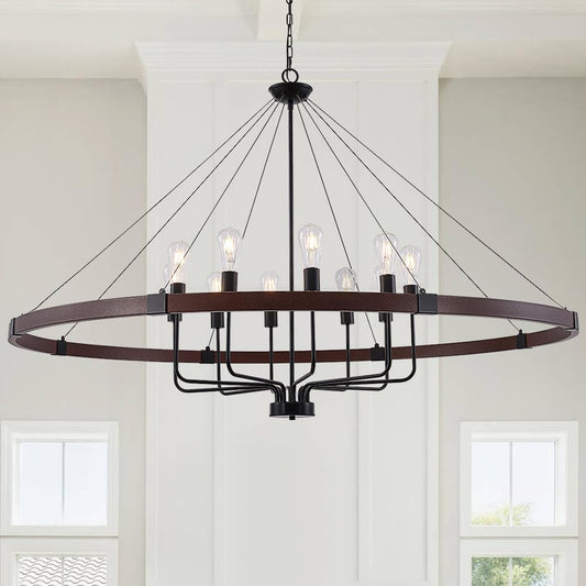 LIZZTREE 10-Light Large Farmhouse Chandelier D59'', Wagon Wheel Chandelier Rustic Country Style Round Pendant Light Fixture for Dining Room, Kitchen Island,Bedroom Foyer Entryway (59'' /12-Light)