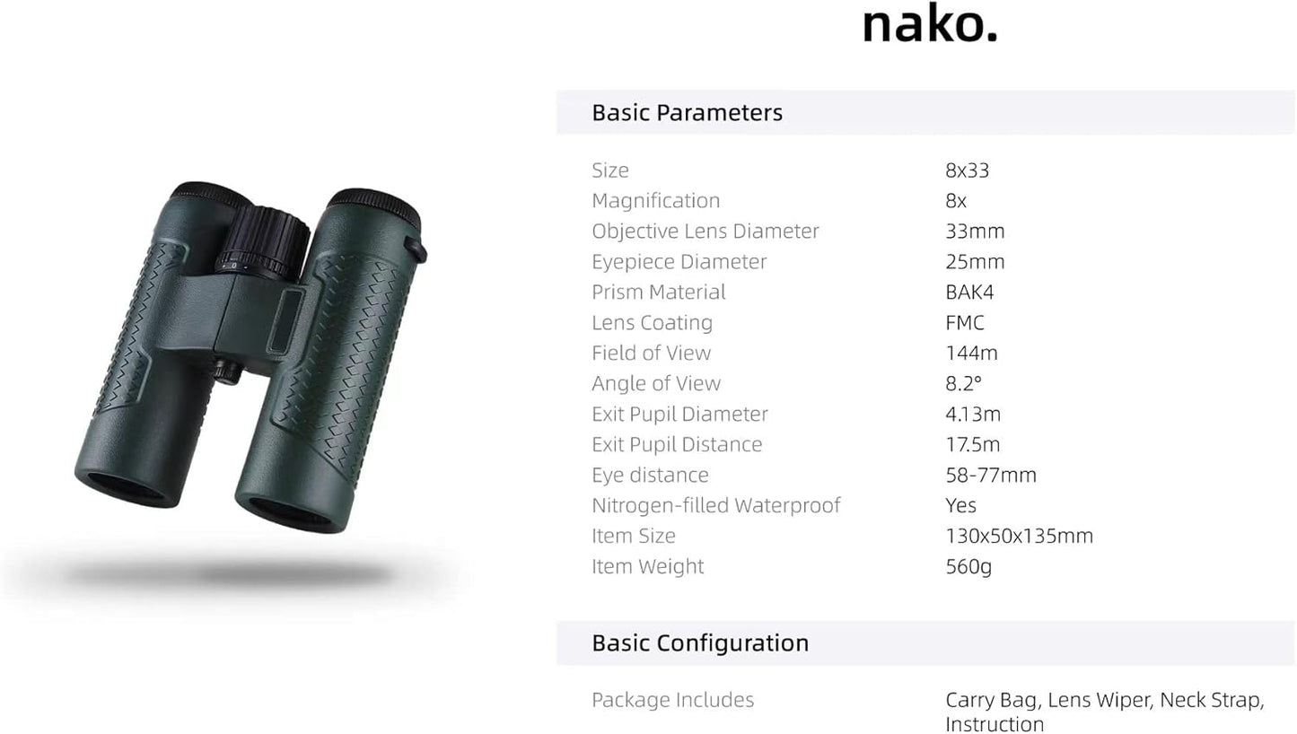 nako. Optics K1 HD 8x33 Binoculars with BAK4 Prism and FMC Lens, Nitrogen-Filled Waterproof Binoculars for Bird Watching Traveling Hunting Outdoors