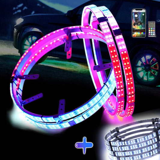 LIMIAOHUA 14"-18" Double Row(2-Row) LED Flows Wheel Ring Lights+Pure White, Music Sync Mode, with W/Turn & Braking Signal for Truck Car SUV (Color Chasing+Pure White)