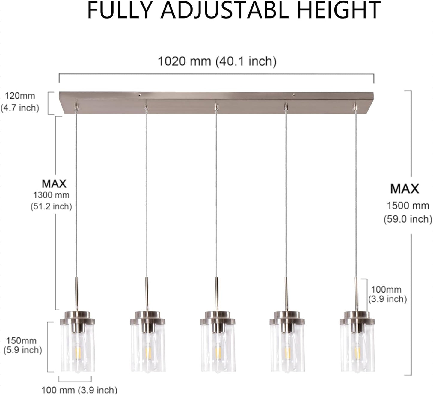 5 Lights Island Lights for Kitchen Modern Industrial Brushed Nickel Linear Chandeliers with Clear Glass Shade for Dining Room Kitchen Lighting Fixtures Ceiling Hanging