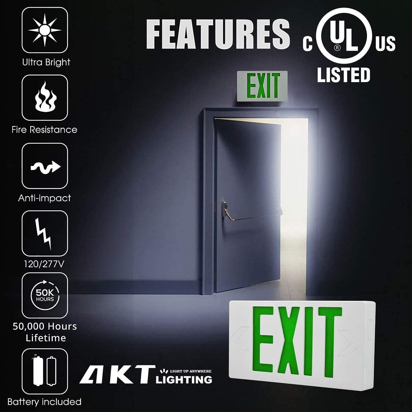 AKT LIGHTING GREEN LED Exit Sign Emergency Light with Battery Backu, Double Face Hardwired GREEN Letter Emergency Exit Lighting For, Restaurant,