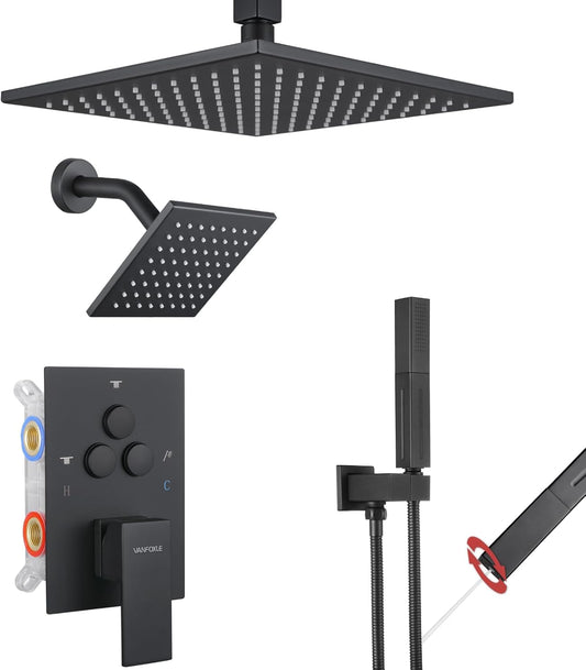 Matte Black Shower Faucet Set, Push Button Diverter Shower Faucet with 2 in 1 Handheld,Ceiling Mount 10 Inch Shower Head