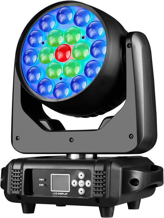 19x15W LED Moving Head DJ Light RGBW 4-in-1 Stage Zoom Beam Wash Lighting Effect with DMX512 Sound Activated for Church Parties Live Show Bar Disco Concert Wedding Christmas Events