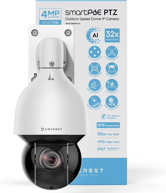 Amcrest 4MP Outdoor PTZ POE + IP Camera Pan Tilt Zoom (Optical 32x Motorized) POE+ Camera Security Speed Dome, People and Vehicle Detection AI, 492ft