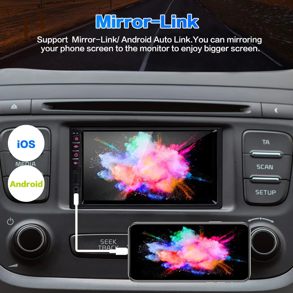 7 inch Double Din Car Stereo for Carplay & Android Auto with Voice Control,Bluetooth5.2 MirrorLink, Car Radio with Waterproof Backup Camera,Subwoofer,Touch Screen SWC/USB/SD AM/FM/AUX