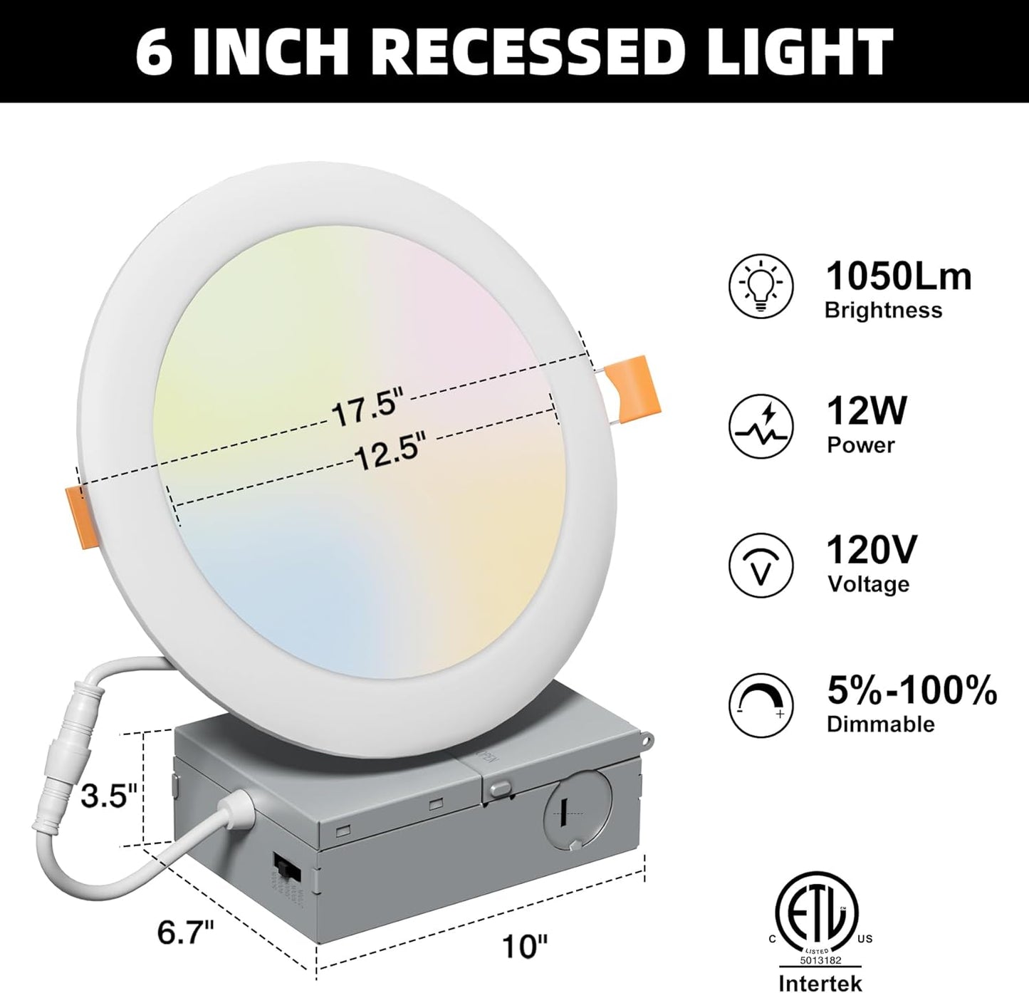 suchot 24Pack 6 Inch 5CCT LED Recessed Lighting - Junction Box, Adjustable Color Temperature, Brightness - 1050LM, 12W,ETL&FCC (24 Count (Pack of 1))