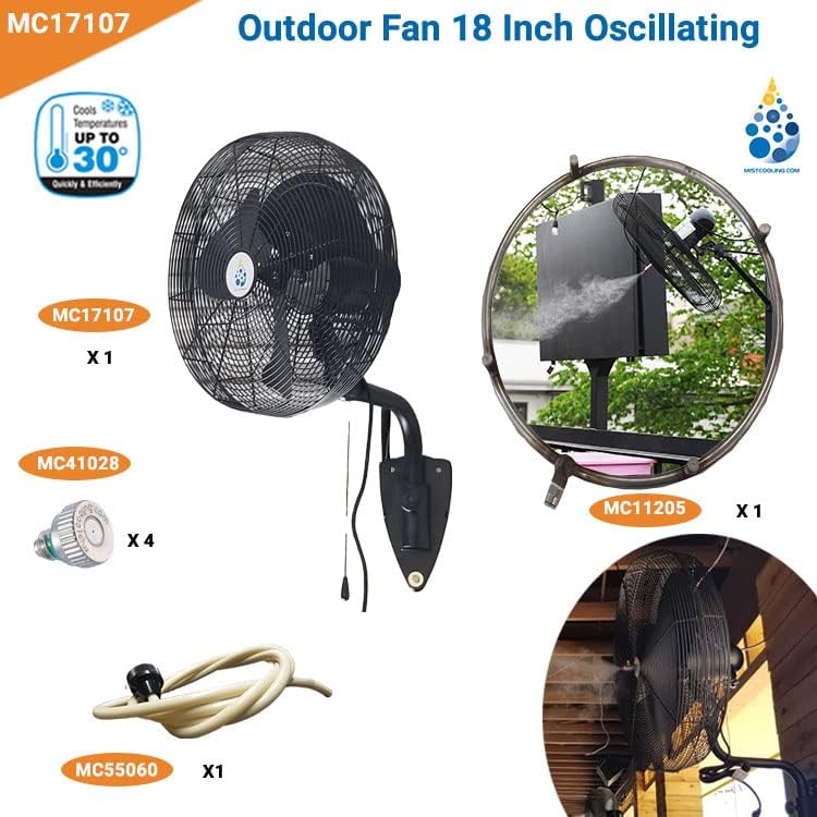 Outdoor Fan - Wall Mount Fan - Misting Fan | Patio Misting, Restaurant Patio misting, Warehouse Cooling | Oscillating Fan - Stainless Steel Misting