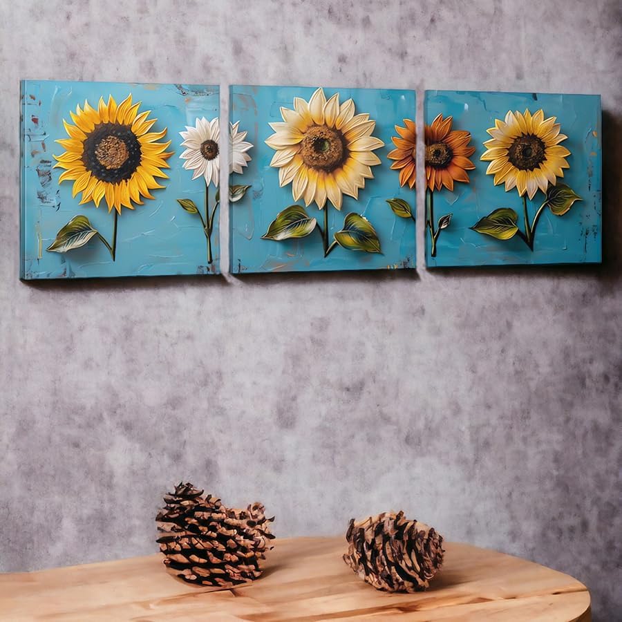 SSRTK 3 Piece Set Large Living Room Sunflower Painting Textured Wall Art Canvas Flower Wall Decor for Women&#39;s Room Modern Home Bedroom Oil