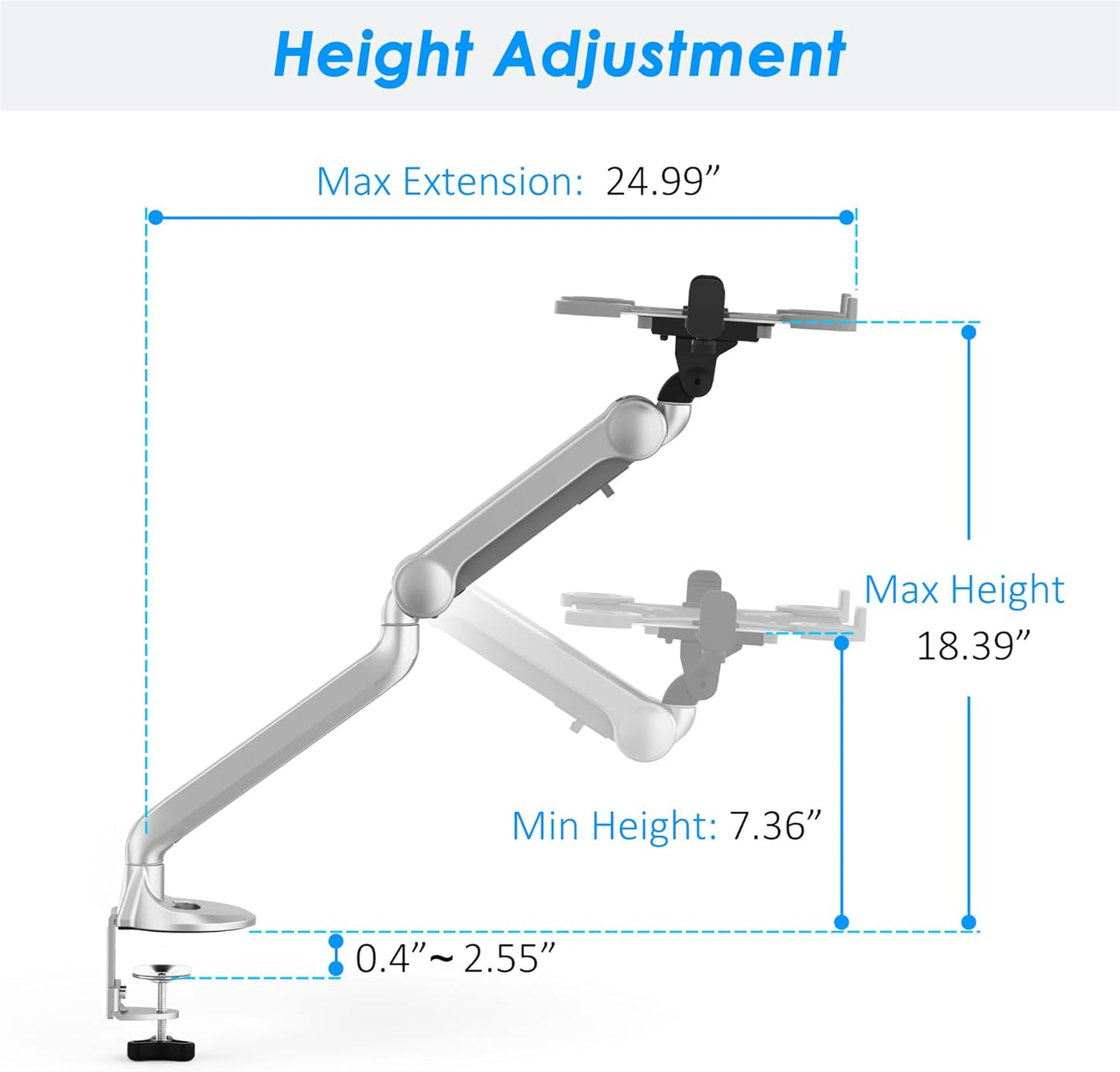 2 in 1 Function Laptop tray for monitor arm , Height Adjustable Aluminum Laptop Desk Mount Stand with Single Gas Spring Arm