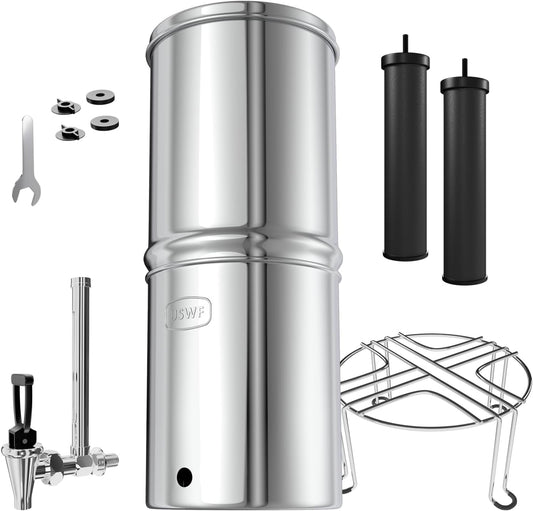 USWF Gravity Fed Water Filter - 2.25 Gal. Stainless Steel w/ 2 Carbon Filters, Portable Countertop Filtration System, Metal Sight Glass Spigot, Stand, NSF/ANSI 372 Certified (Advanced Water Filtration