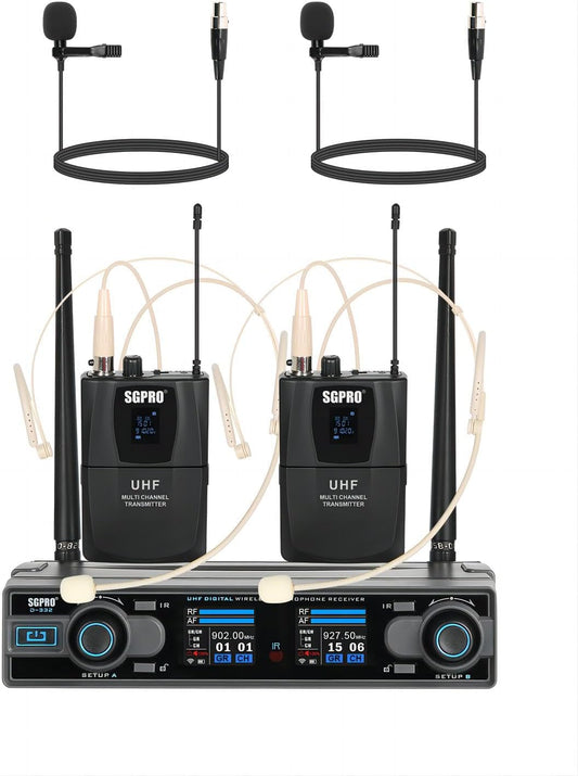 SGPRO Wireless Microphones with Two Bodypack Transmitters, Two Headsets, and Two Lavalier Lapel Mics, 90 UHF Channels, 262ft Range for Live Singing