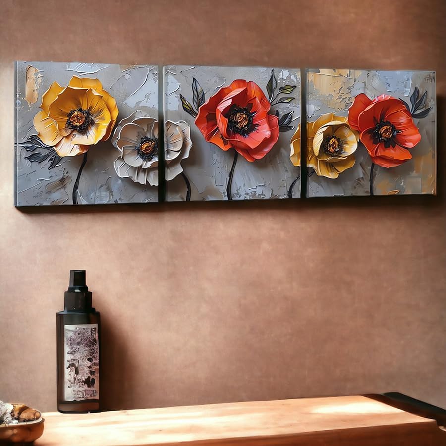 SSRTK Large Living Room Textured Wall Art Poppy Painting 3 Piece Set Canvas Flower Wall Decor for Women&#39;s Room Modern Home Bedroom Oil Painting