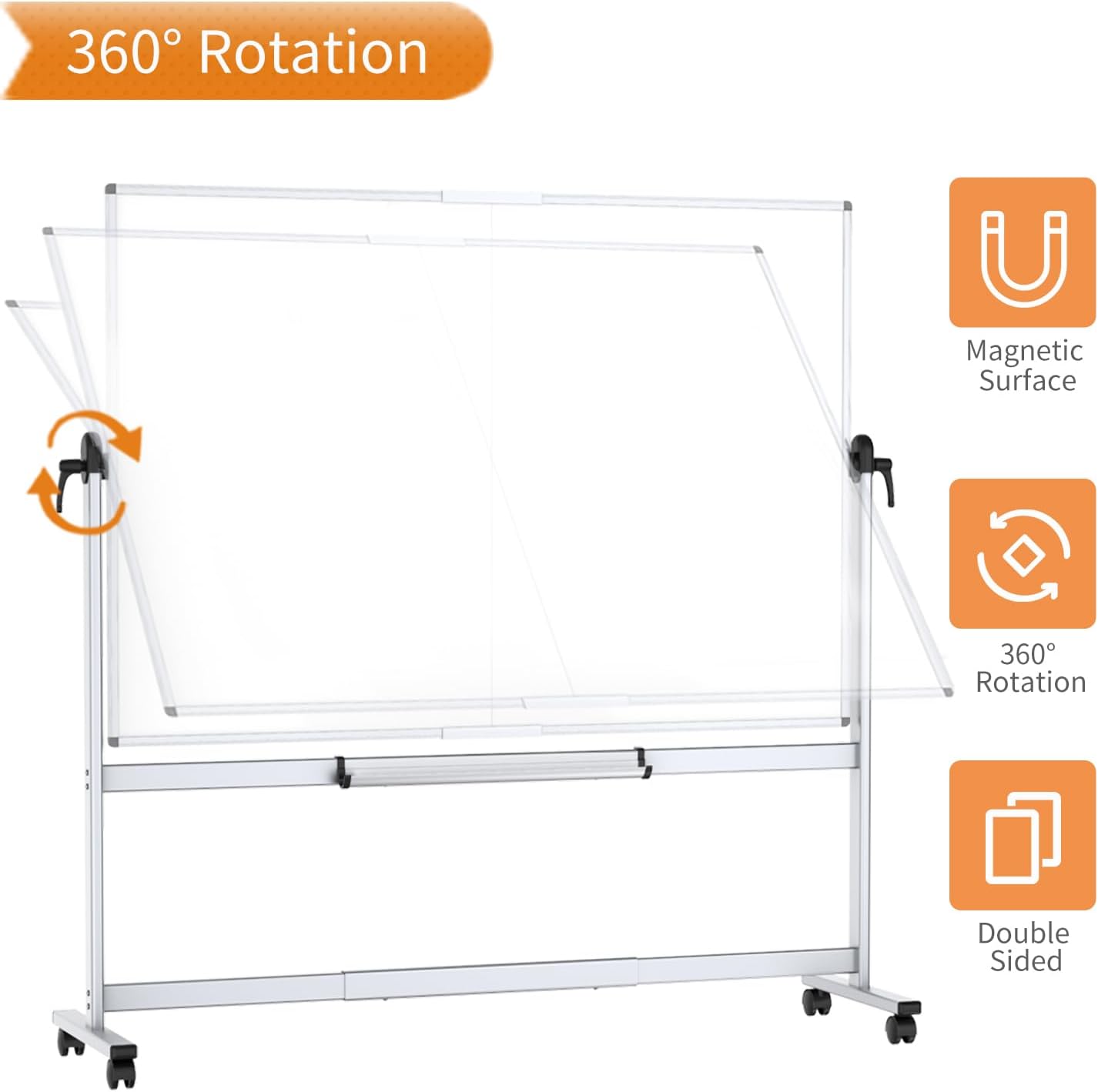 Double-Sided Mobile Dry-Erase Whiteboard, 72 x 40 Inches, Magnetic Rolling with Aluminium Frame and Stand