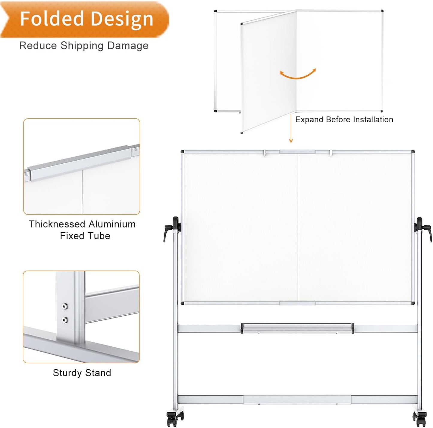 Double-Sided Mobile Dry-Erase Whiteboard, 72 x 40 Inches, Magnetic Rolling with Aluminium Frame and Stand