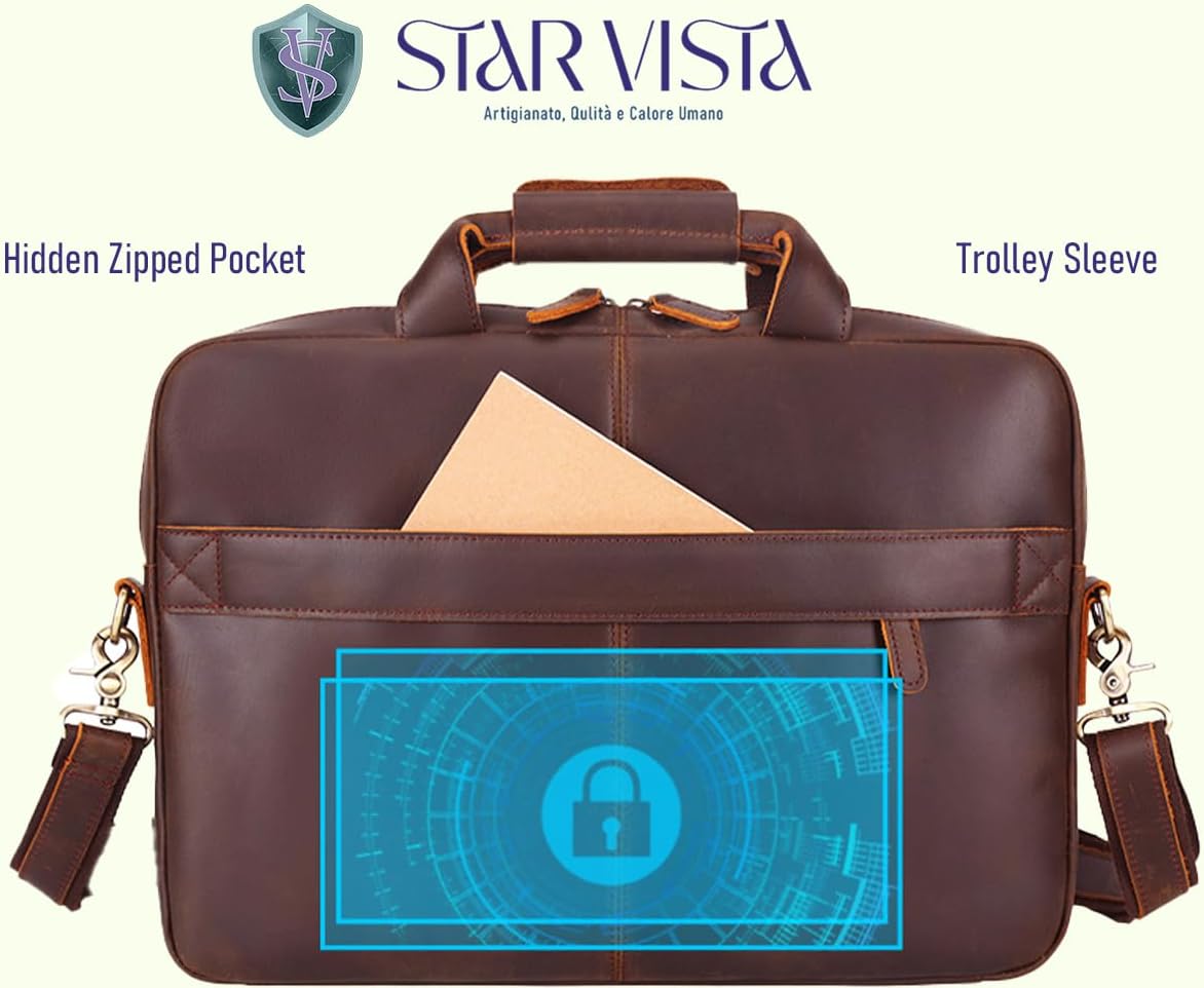 STAR VISTA Tortona 17 inches Laptop Messenger Bag, Full Grain Leather Briefcase for Men, Women, Business Travel, YKK Zippers and Brass Hardware