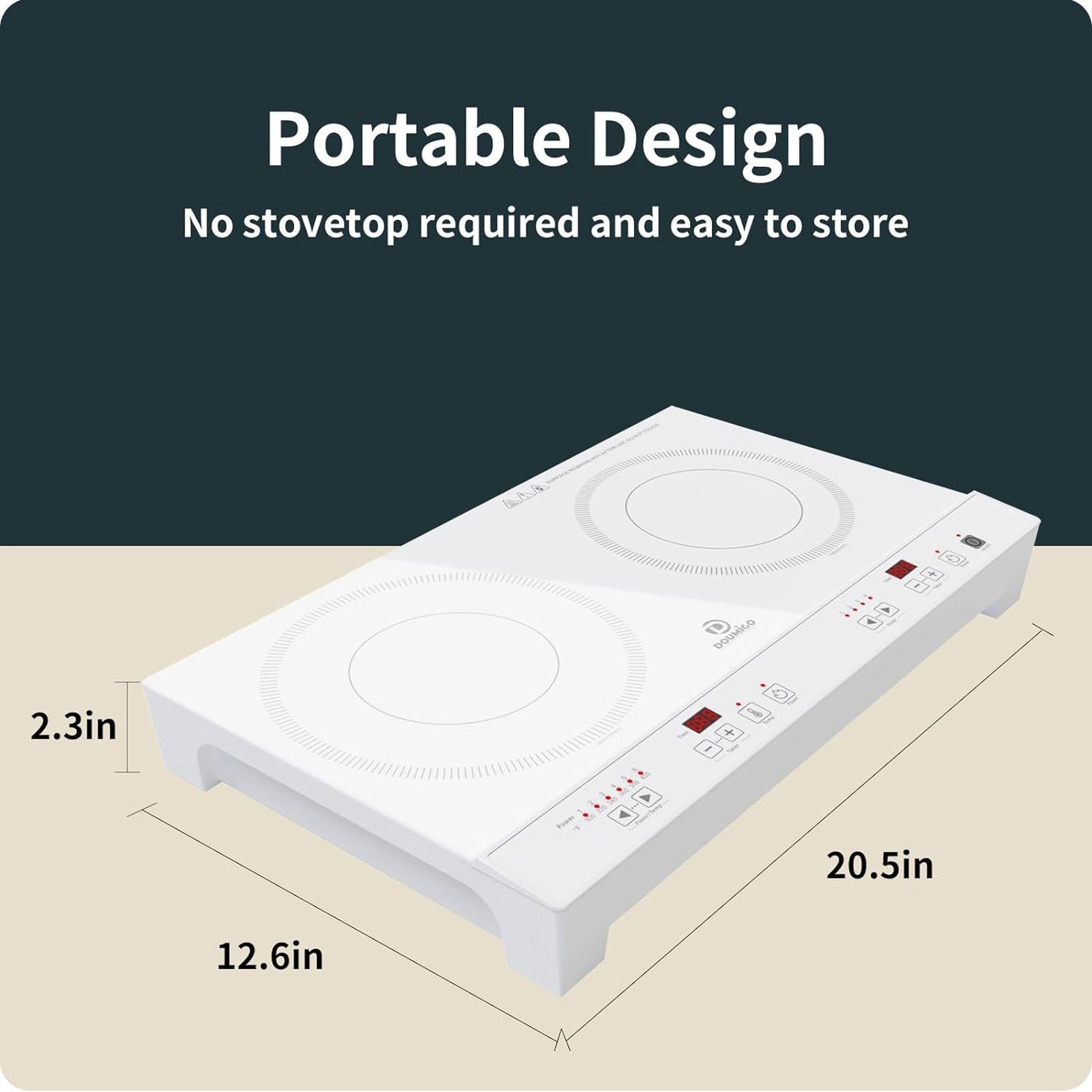 Doumigo Double Induction Cooktop, Portable Electric Stove with 2 Burners, 120V, 1800W, 12 Inches, Temperature Control, Kid Safety Lock, Timer