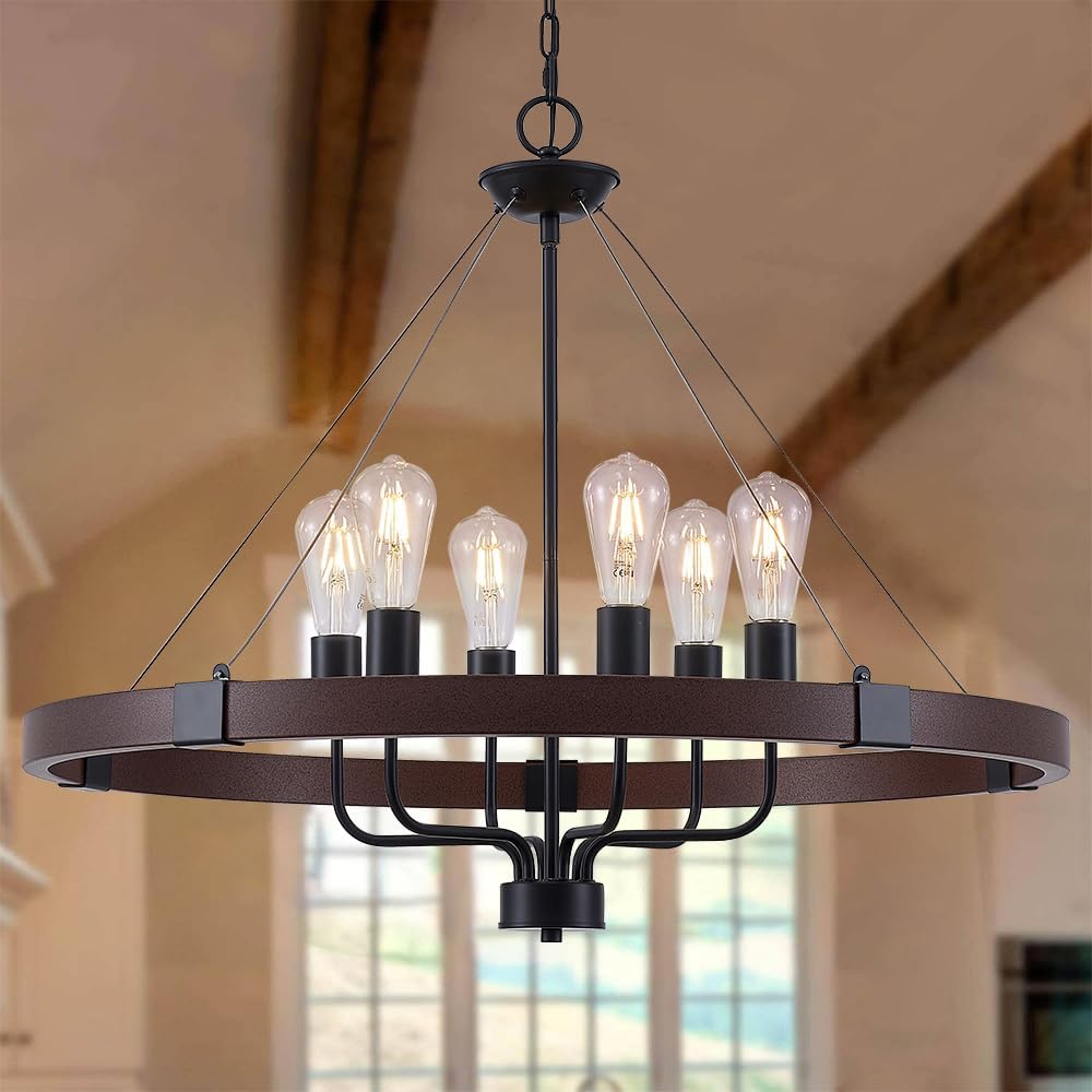 LIZZTREE 6-Light Large Farmhouse Chandelier D31.4'', Wagon Wheel Chandelier Rustic Country Style Round Pendant Light Fixture for Dining Room, Kitchen